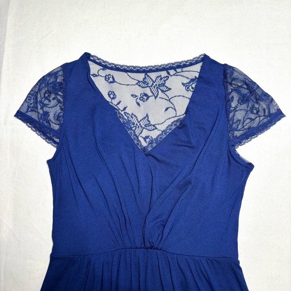 Navy Blue Maxi Dress Lace Cap Sleeves Lace Back Semi-Formal Casual - Picture 8 of 16